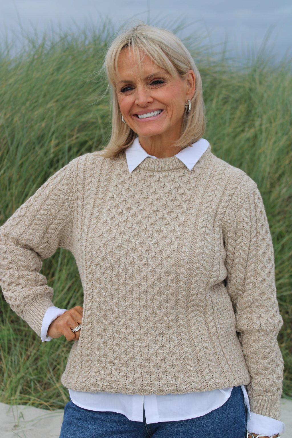 Traditional Aran Crew Neck Sweater - Parsnip