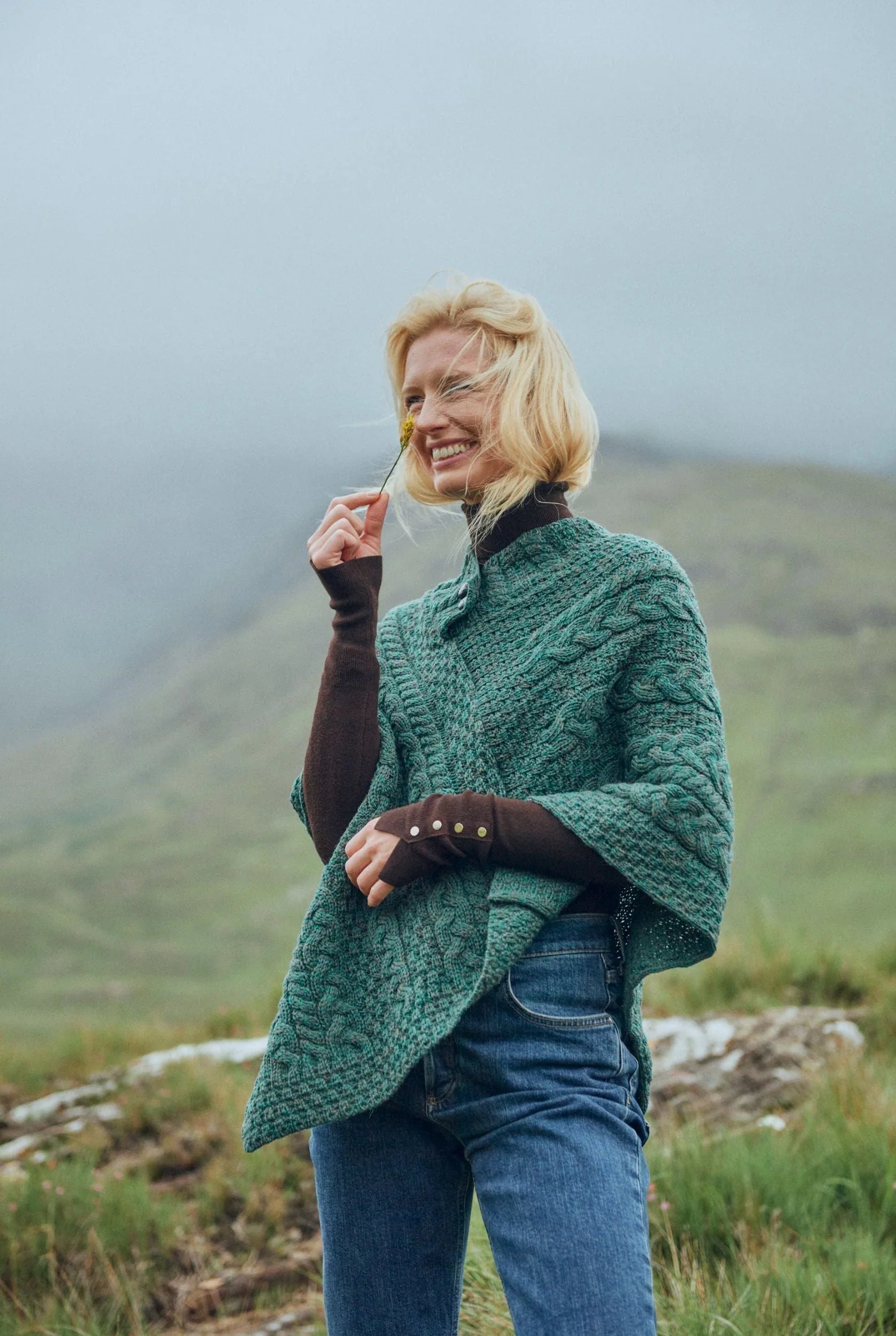 Easkey Ladies Merino Wool Aran Button Poncho - Connemara Green