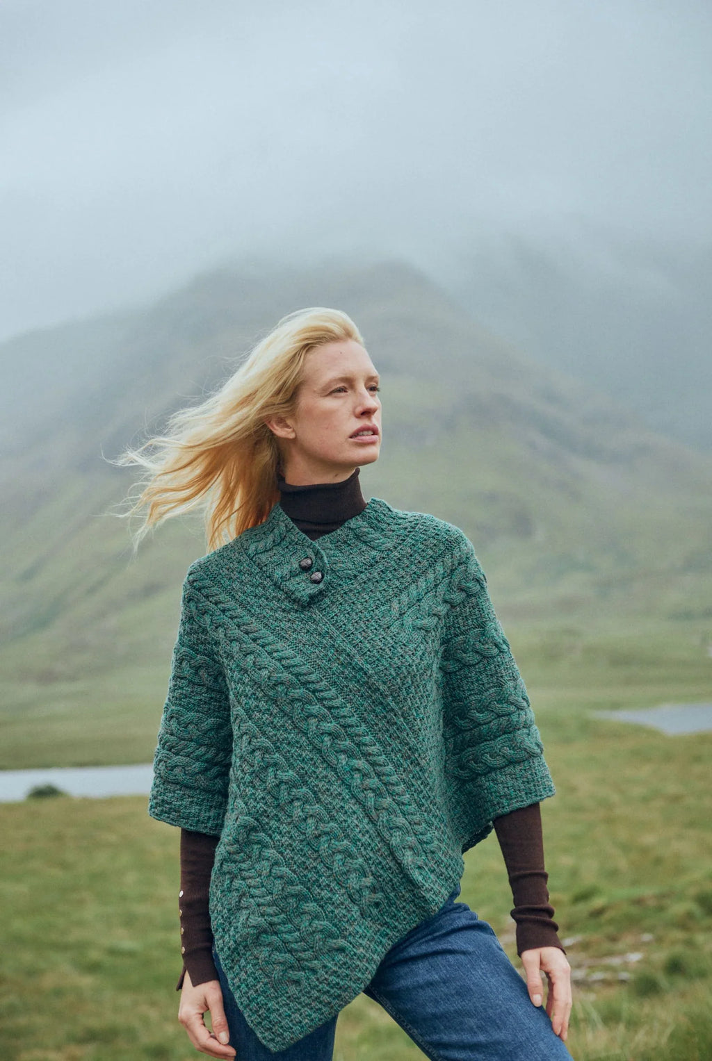 Easkey Ladies Merino Wool Aran Button Poncho - Connemara Green