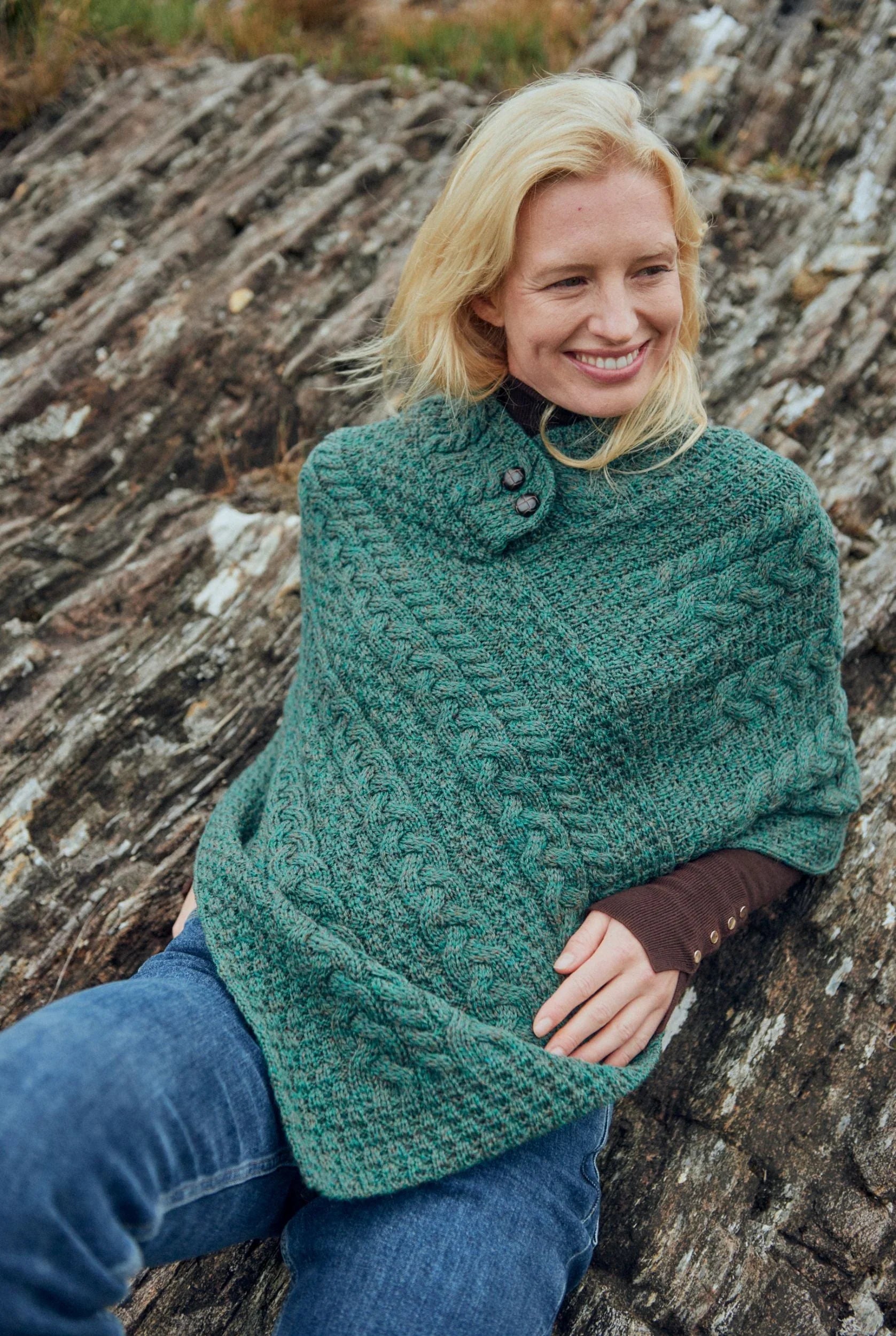 Easkey Ladies Merino Wool Aran Button Poncho - Connemara Green
