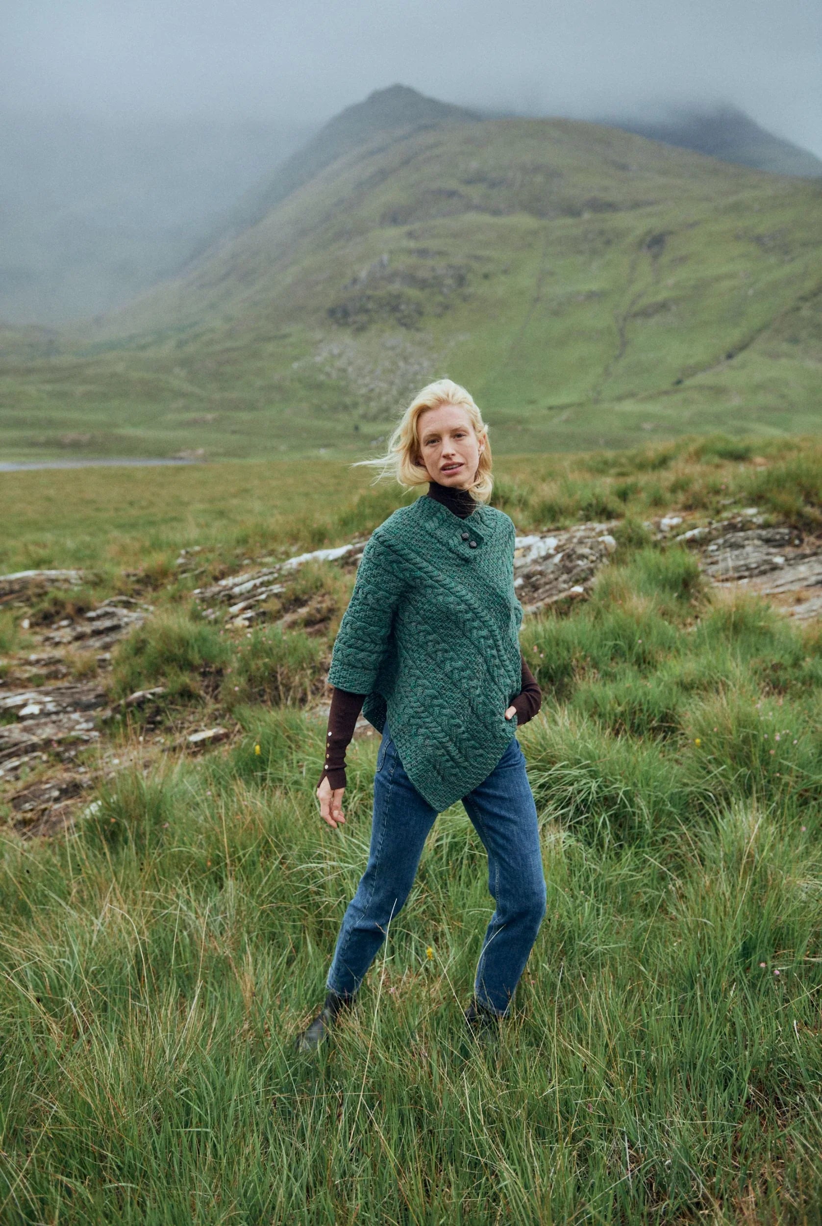 Easkey Ladies Merino Wool Aran Button Poncho - Connemara Green