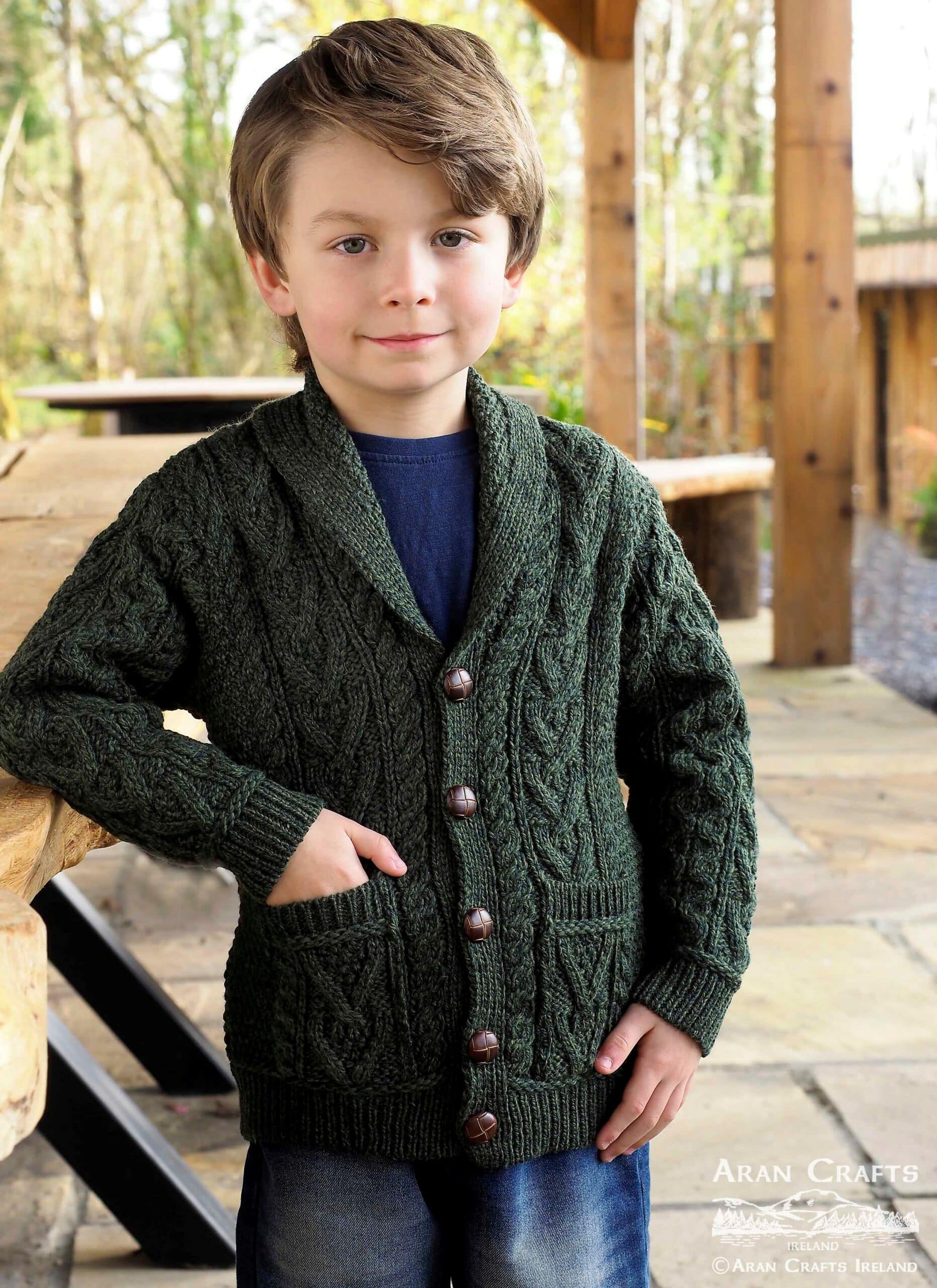 Boys Shawl Collar Cardigan , Army Green