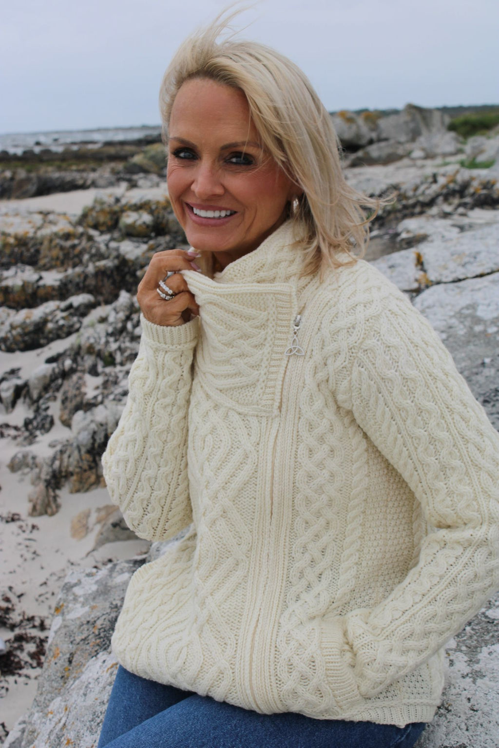 Cable Knit Jacket With Side Zip , Natural