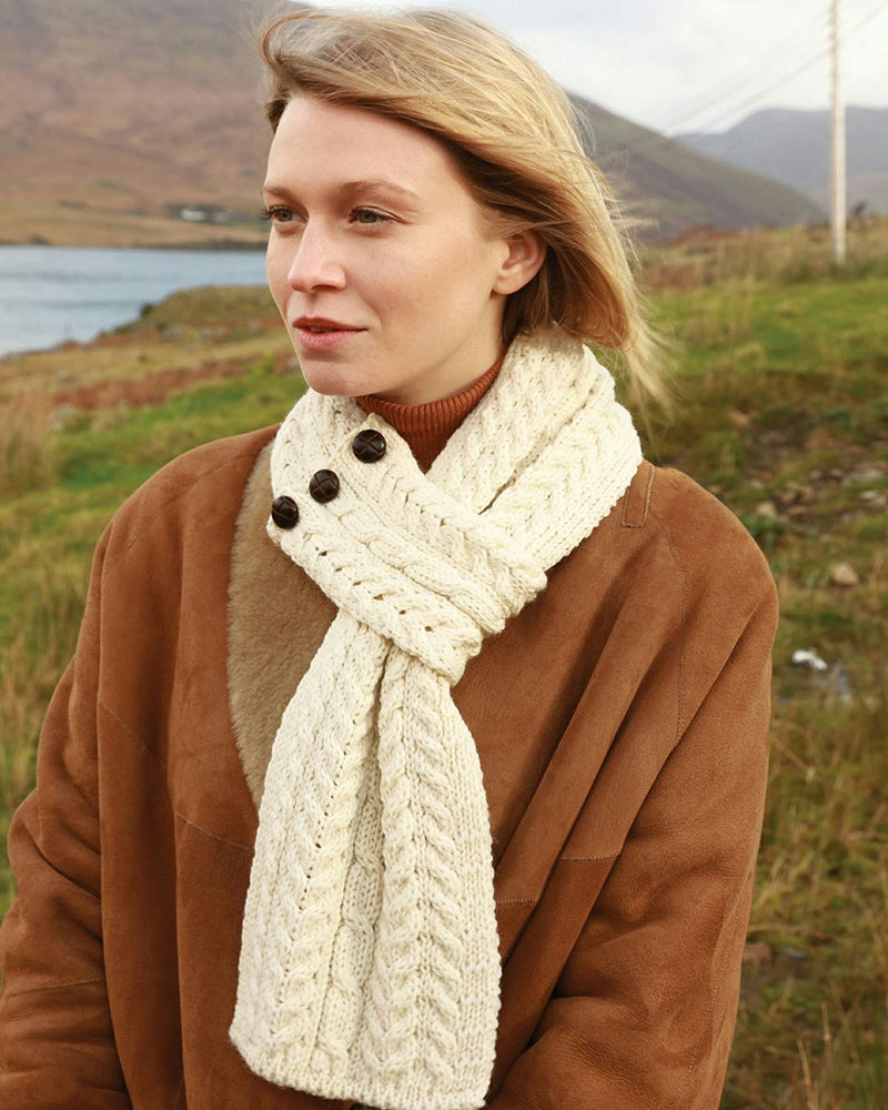 Aran Button Looped Scarf , Natural