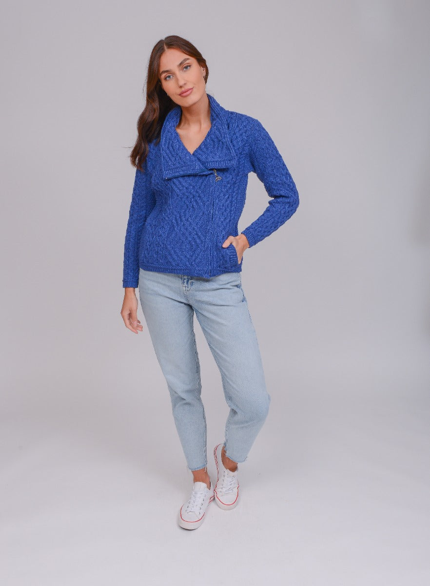 Cable Knit Jacket with Zip , Blue Marl