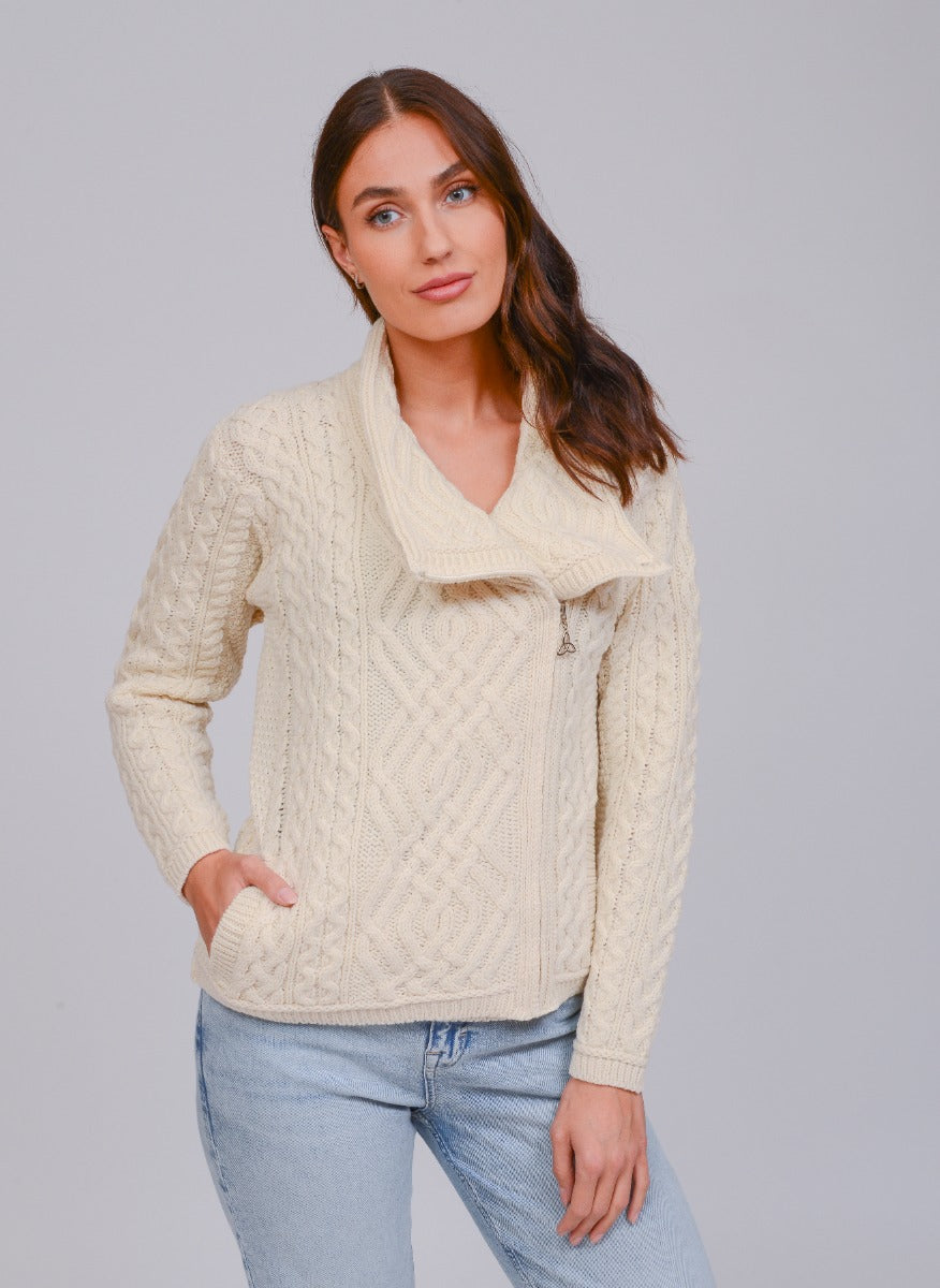 Cable Knit Jacket With Side Zip , Natural