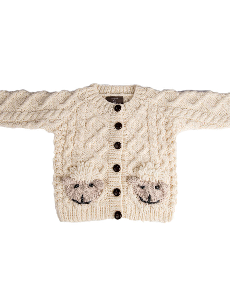 Baby Handknit Aran Cardigan with Sheep Pockets , Natural