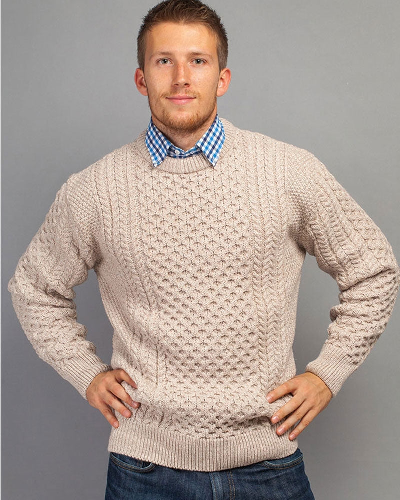 Traditional Aran Crew Neck Sweater - Parsnip