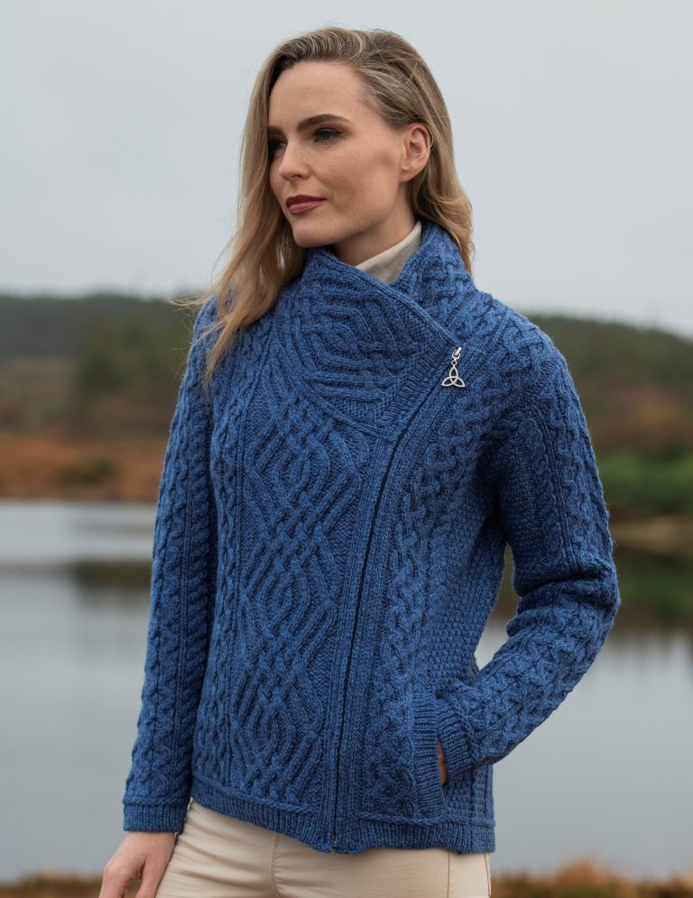 Cable Knit Jacket with Zip , Blue Marl